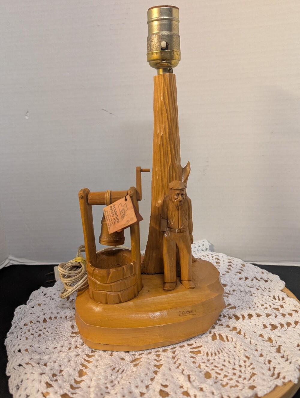 Vintage Caron Hand Carved Wood Sculpture, signed table lamp & original tag